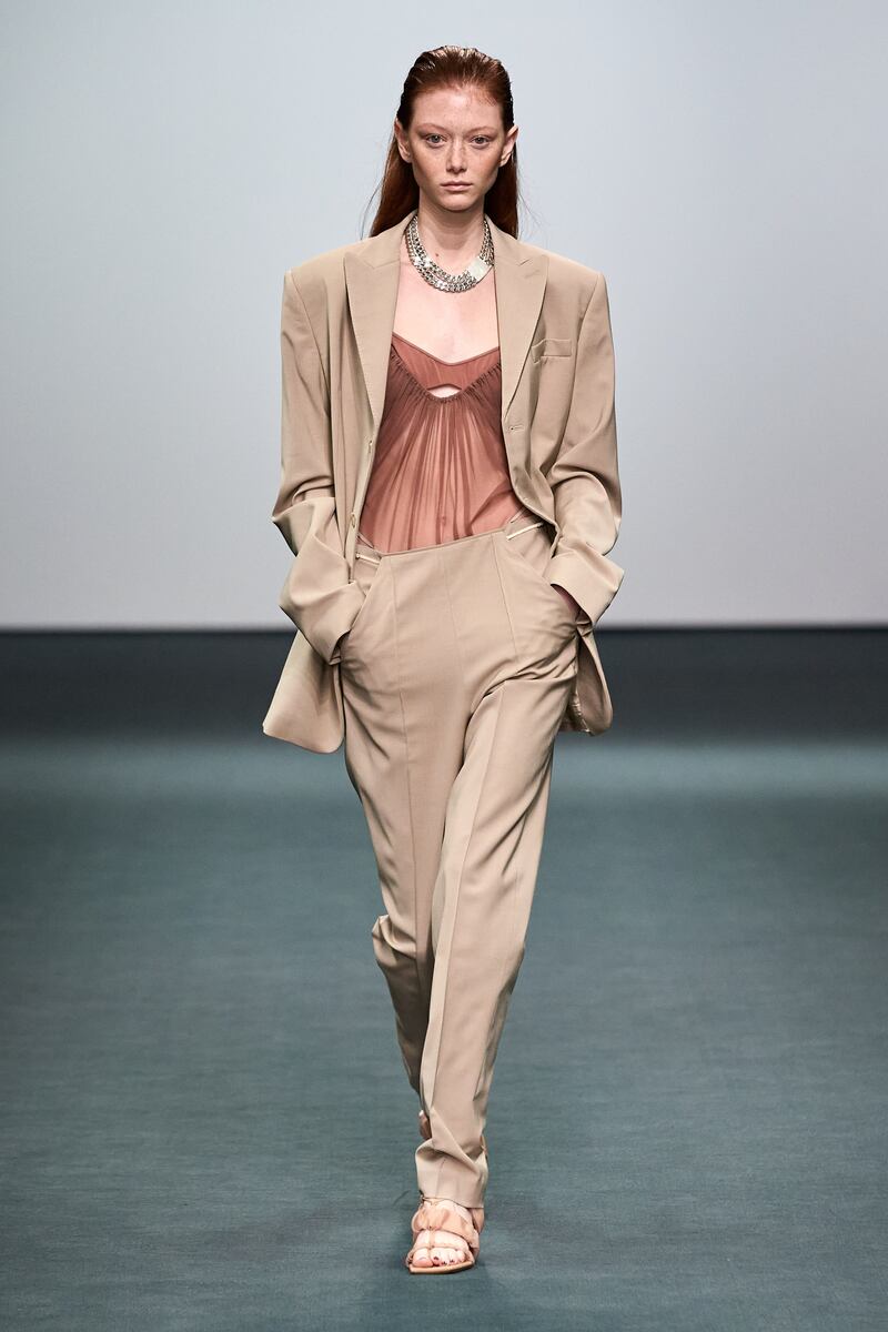A trouser-suit from Nensi Dojaka's collection during London Fashion Week. Photo: Nensi Dojaka