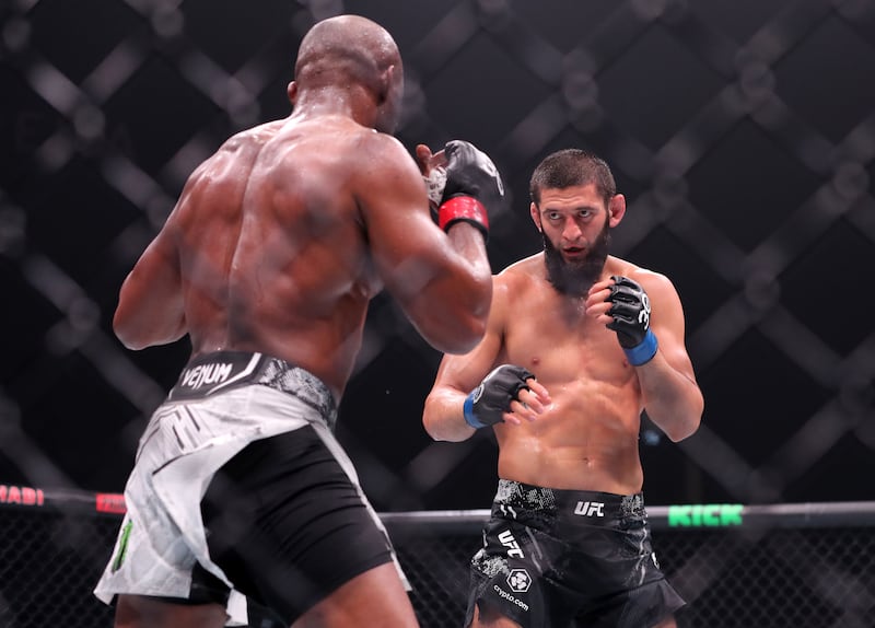 Khamzat Chimaev during his bout against Kamaru Usman in their middleweight bout at UFC 294