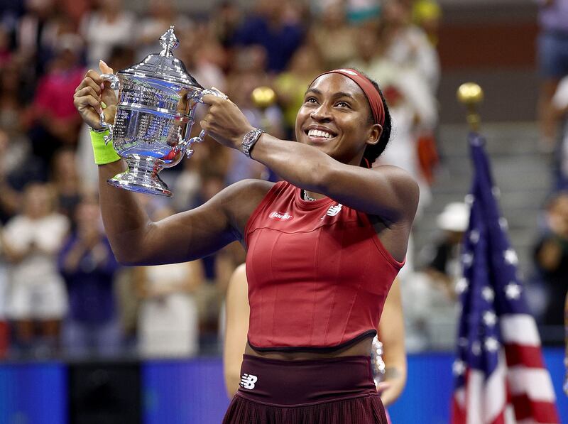 Coco Gauff lifts the US Open trophy after defeating Aryna Sabalenka in the final. Getty