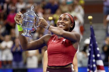 NEW YORK, NEW YORK - SEPTEMBER 09: Coco Gauff of the United States celebrates after defeating Aryna Sabalenka of Belarus in their Women's Singles Final match on Day Thirteen of the 2023 US Open at the USTA Billie Jean King National Tennis Center on September 09, 2023 in the Flushing neighborhood of the Queens borough of New York City.    Elsa / Getty Images / AFP (Photo by ELSA  /  GETTY IMAGES NORTH AMERICA  /  Getty Images via AFP)