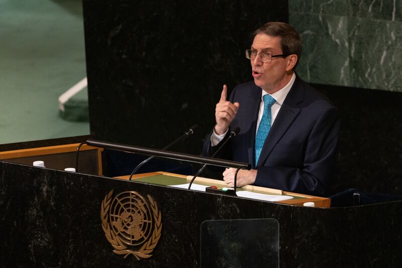 Bruno Rodriguez, Cuba's foreign affairs minister, speaks during the UN General Assembly. Bloomberg 