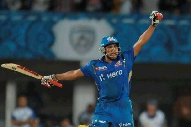 Rohit Sharma celebrates guiding the Mumbai Indians to victory over the Deccan Chargers.