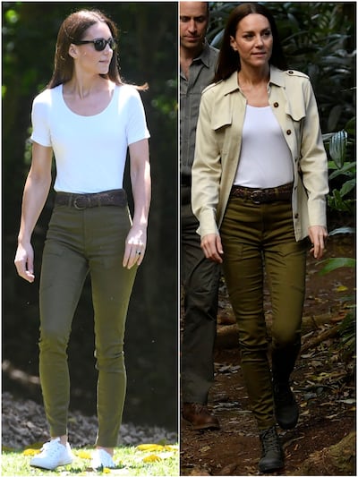 The Duchess of Cambridge wore the same T-shirt and cargo trousers with different accessories for engagements in Belize's Chiquibul Forest on March 21. Reuters, PA