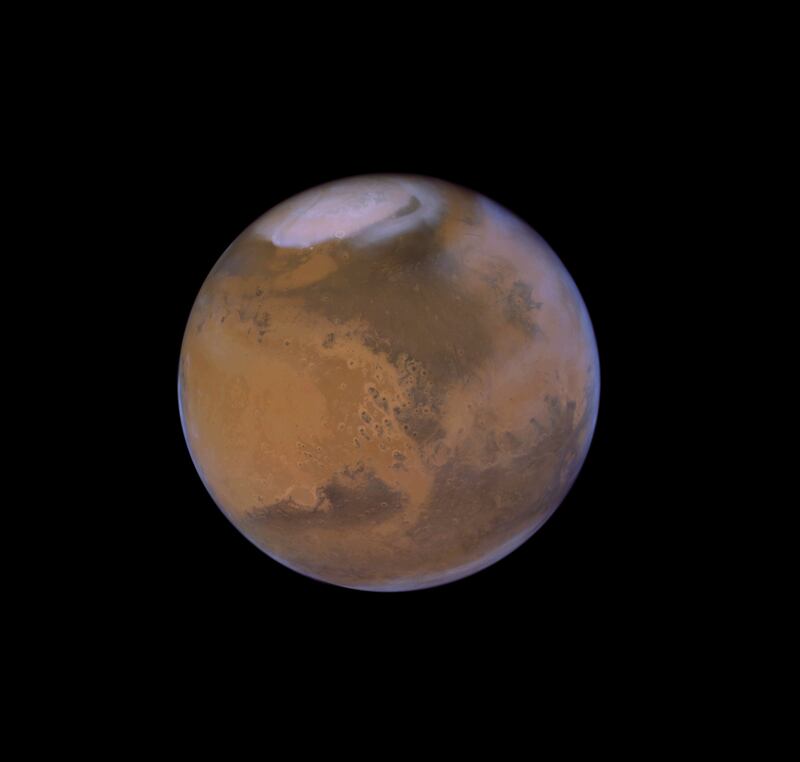 'Emirates #Mars Mission   مسبار الأمل 2021-04-22 Spacecraft altitude  38.480 km Exi  f635 + f546 + f437 filters L2 data.' Photo: @landru79