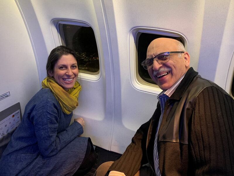 Mrs Zaghari-Ratcliffe and fellow former detainee Anoosheh Ashoori as they fly over London in March. Reuters