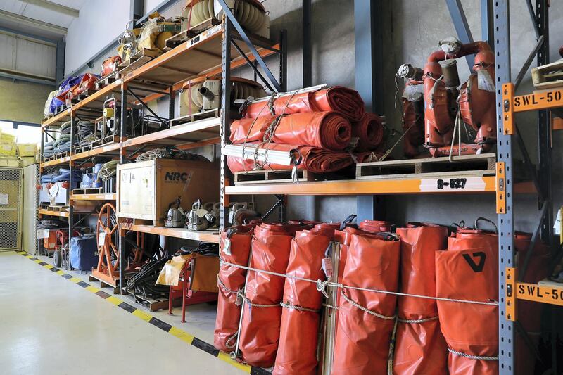 ABU DHABI, UNITED ARAB EMIRATES , March 3  – 2020 :- Different type of equipment in the Oil Spill Response warehouse at the ADNOC Logistics and Services Maritime Logistics Base in Mussafah in Abu Dhabi. (Pawan Singh / The National) PLEASE NOTE: NOT TO BE USED FOR ANY OTHER STORY