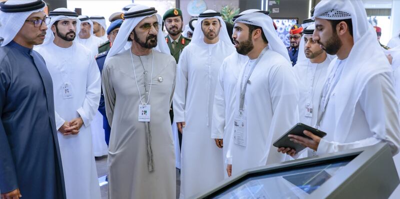 Sheikh Mohammed, Sheikh Mansour and Sheikh Hamdan visit the stands of various exhibitors