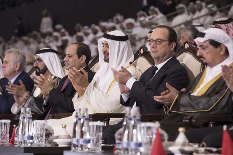 (R-L) Sheikh Humaid bin Rashid, Ruler of Ajman, Francois Hollande, President of France, Sheikh Mohammed bin Zayed, Abdel Fattah El Sisi, President of Egypt, Sheikh Mohamed bin Rashid and Tomislav Nikolic, President of Serbia, attend the 45th UAE National Day celebrations at Adnec. Ryan Carter / Crown Prince Court — Abu Dhabi