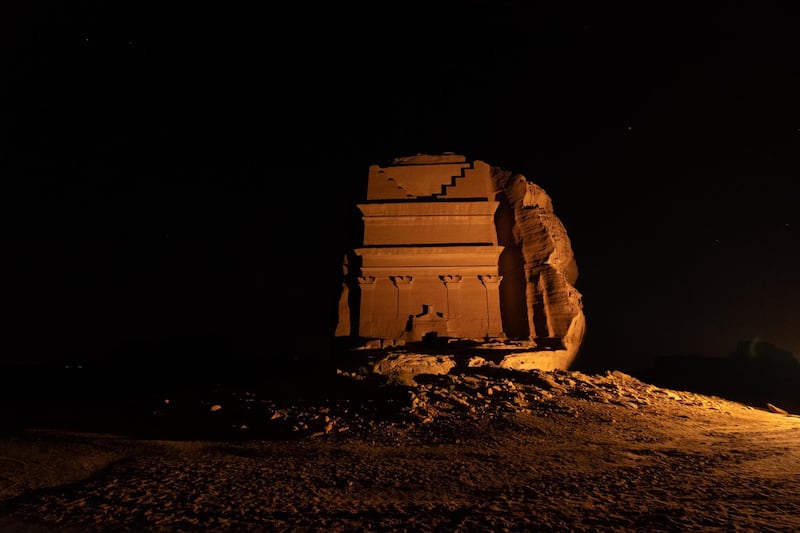 A still from 'The Architects of Ancient Arabia' shows the Tomb of Lihyan, son of Kuza at Hegra, Al Ula. Courtesy Discovery Channel