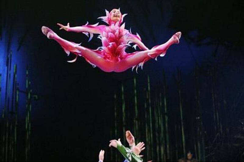 Artists of the circus show 'Cirque du Soleil' perform during their show "Varekai" on March 20, 2013 in Bogota, Colombia. AFP PHOTO/Eitan Abramovich