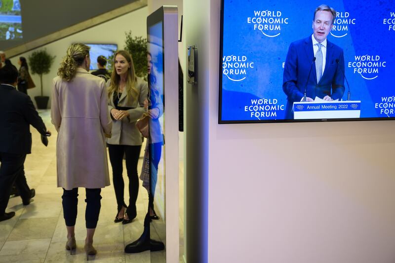 President of the World Economic Forum Borge Brende speaks on a screen during the 51st annual meeting of the World Economic Forum in Davos, Switzerland. EPA