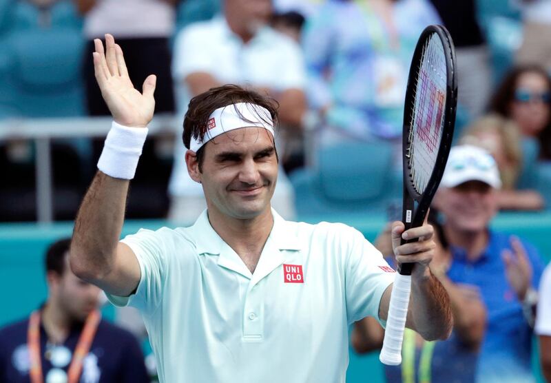 Roger Federer, of Switzerland, celebrates after defeating Filip Krajinovic, of Serbia, during the Miami Open tennis tournament, Monday, March 25, 2019, in Miami Gardens, Fla. (AP Photo/Lynne Sladky)