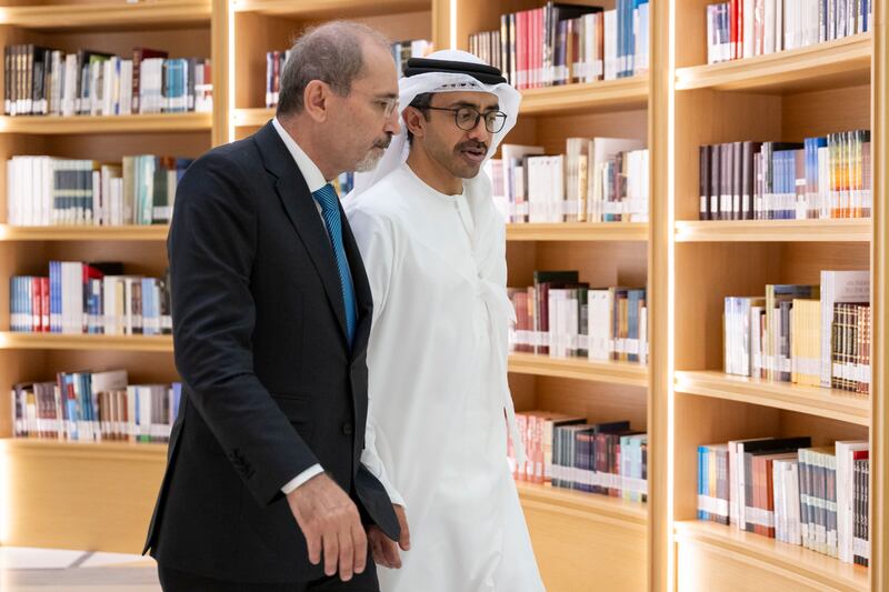 Sheikh Abdullah with Ayman Safadi, Jordan's Deputy Prime Minister and Minister of Foreign Affairs, at Qasr Al Watan.
Abdulla Al Neyadi / UAE Presidential Court