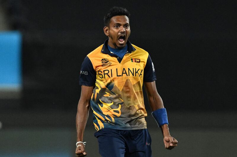Sri Lanka pacer Dushmantha Chameera after taking the wicket of UAE's Aryan Lakra. AFP