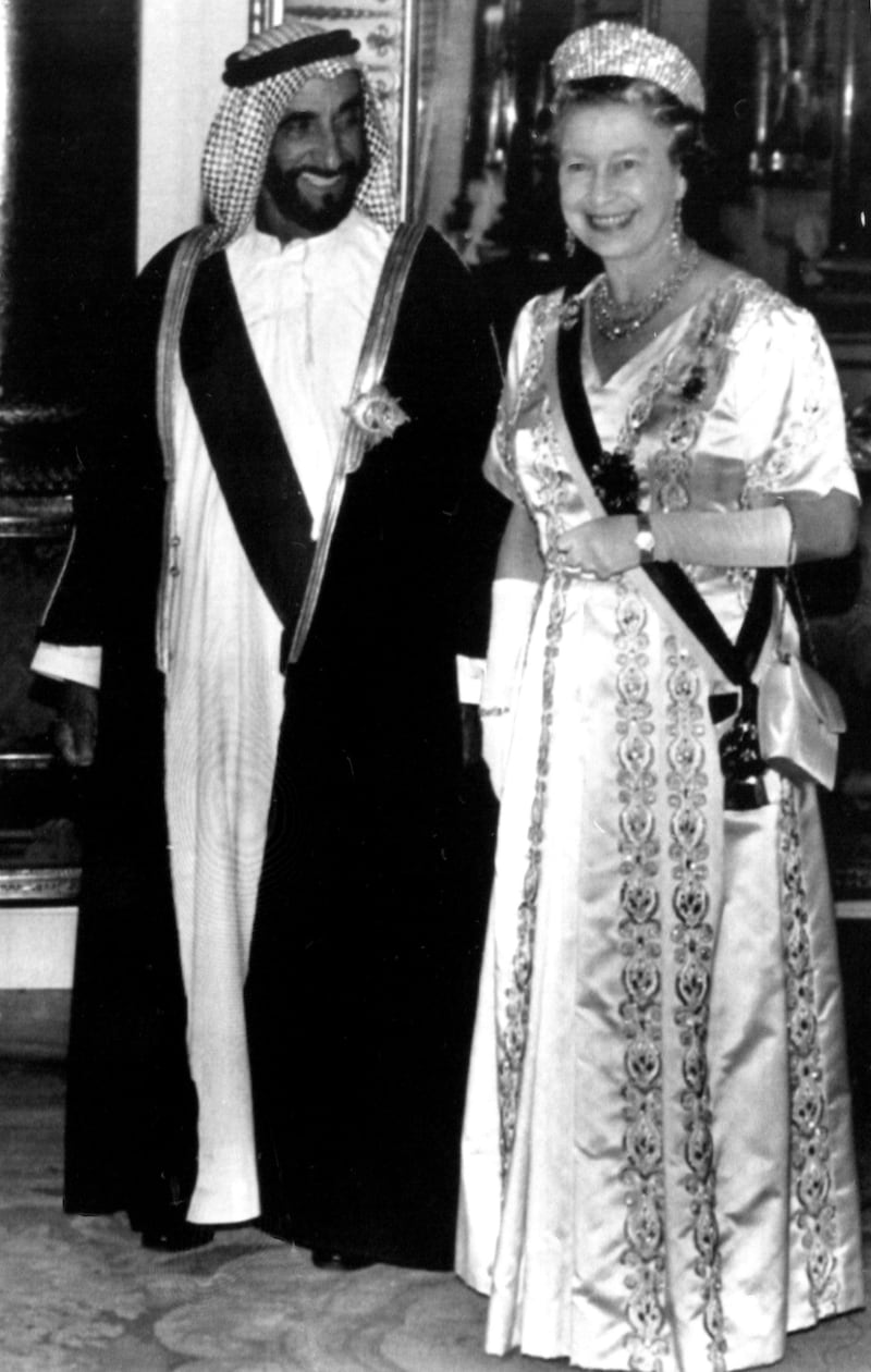 Britain's Queen Elizabeth II at Buckingham Palace, London with Sheik Khalifa bin Zayed Al Nahyan, President of the United Arab Emirates who was guest of honour at a State Banquet on the first of a four day visit on July 18, 1989. (AP Photo/WPA)