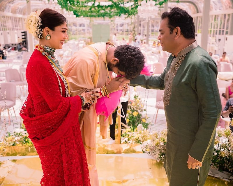 Oscar-winning composer A R Rahman with the bride and groom.