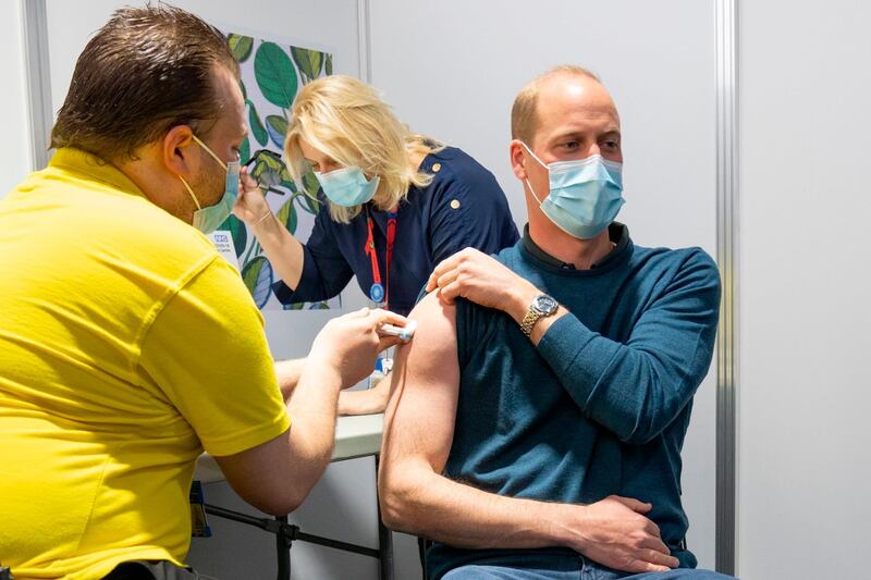 Britain's Prince William receives his coronavirus vaccine in London, May 18. Kensington Palace via AP