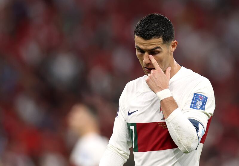 Cristiano Ronaldo leaves the field after Portugal's defeat to Morocco in the 2022 World Cup quarter-finals. Getty