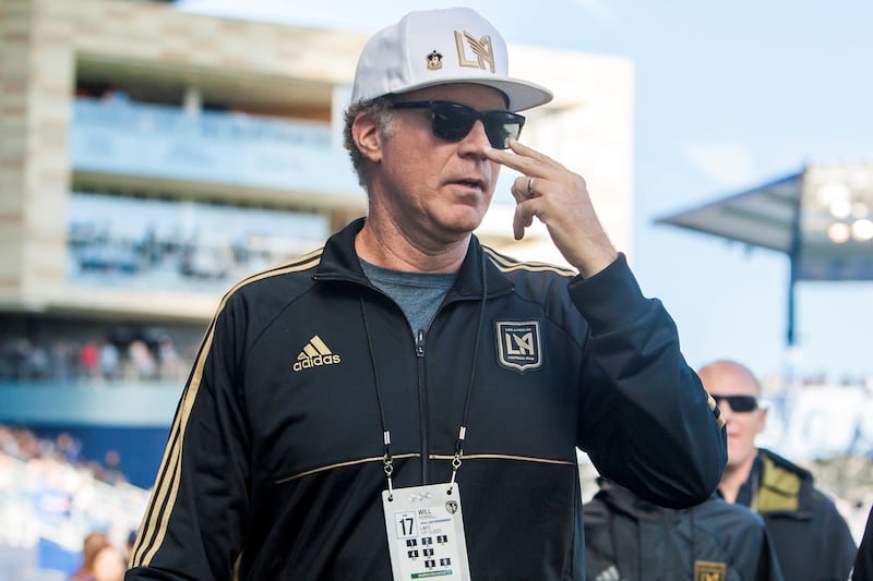 KANSAS CITY, KS - OCTOBER 28: Comedian and LAFC Owner Will Ferrell gestures at SKC players during warmups before the match between Sporting Kansas City and Los Angeles FC played on Sunday October 28, 2018 at Children's Mercy Park in Kansas City, KS. (Photo by Nick Tre. Smith/Icon Sportswire) (Icon Sportswire via AP Images)