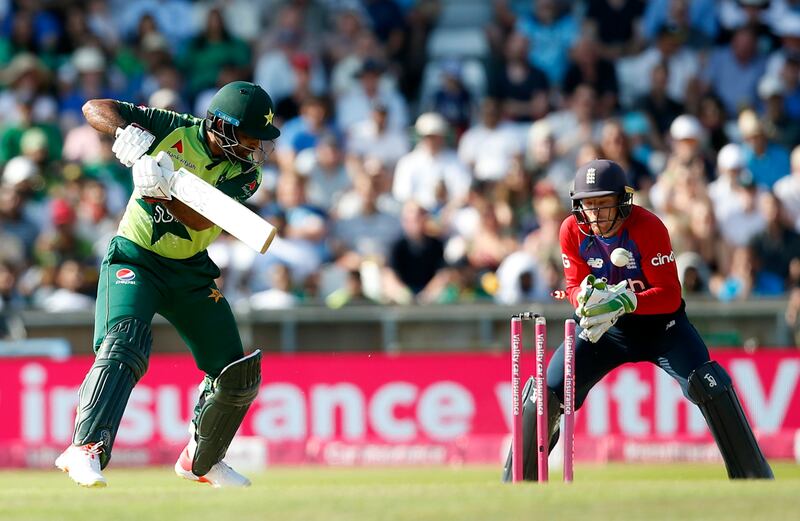 Pakistan's Fakhar Zaman is bowled.