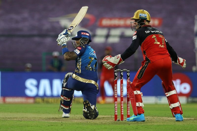 Surya Kumar Yadav of Mumbai Indians plays a shot during match 48 of season 13 of the Dream 11 Indian Premier League (IPL) between the Mumbai Indians and the Royal Challengers Bangalore at the Sheikh Zayed Stadium, Abu Dhabi  in the United Arab Emirates on the 28th October 2020.  Photo by: Vipin Pawar  / Sportzpics for BCCI