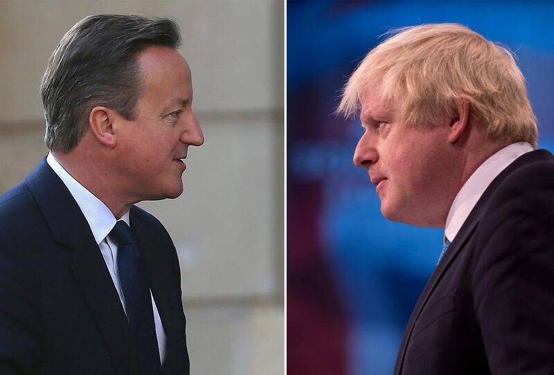 British prime minister David Cameron, left, and his fellow Conservative Boris Johnson are standing on opposing sides in the UK referendum on whether to remain or leave the EU, with Mr Cameron campaigning for the ‘remain’ camp while Mr Johnson in the ‘leave’ camp. Justin Tallis and Oli Scarff / AFP Photo 