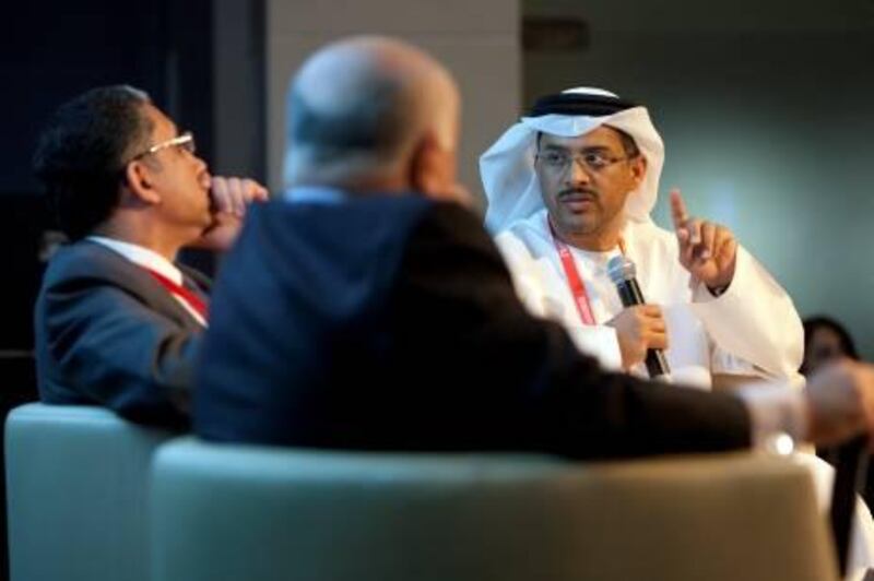 April 24, 2011 (Abu Dhabi )  Professor Safwan Taha Medical Director of Al Noor Hospital, left, Dr. Hamad Farooqi, Director of Dubai Diabetes Centre and Dr. Khaled al Jabari, Chief Endocrinologist at Mafraq Hospital participate in a panel discussion at the 6th Annual InnovHealth Summit in Abu Dhabi April 24, 2011 (Sammy Dallal / The National)