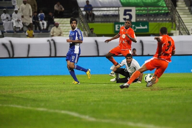 Dubai, UAE, December 5 2012: 

Al Nasr and FC Dibba battled it out tonight at the Maktoum Stadium. Unfortunately neither side had much to celebrate as the teams ended the match in a 1-1 draw.
Dibba's goalkeeper was busy all night defending what was a persistent yet innefective Al Nasr attack.
Lee Hoagland/The National