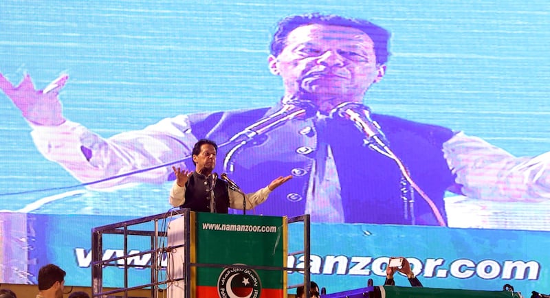 Mr Khan has been making strongly worded speeches to gatherings across Pakistan as he pushes for new elections after being ousted from power in April by Parliament. EPA