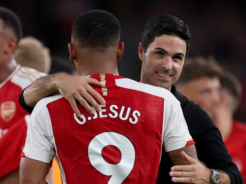 Arsenal manager Mikel Arteta celebrates his team's Premier League win over Manchester City. Getty