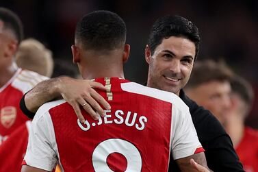 LONDON, ENGLAND - OCTOBER 08: Mikel Arteta, Manager of Arsenal, interacts with Gabriel Jesus of Arsenal following their sides victory in the Premier League match between Arsenal FC and Manchester City at Emirates Stadium on October 08, 2023 in London, England. (Photo by Ryan Pierse / Getty Images)