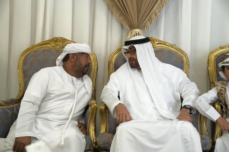 RAS AL KHAIMAH, UNITED ARAB EMIRATES -January 26, 2018: HH Sheikh Mohamed bin Zayed Al Nahyan Crown Prince of Abu Dhabi Deputy Supreme Commander of the UAE Armed Forces (R), offers condolences to the family of martyr Abdullah Al Dahmani, who passed away while serving the the UAE Armed Forces in Yemen. 
( Hamad Al Kaabi / Crown Prince Court - Abu Dhabi )

---