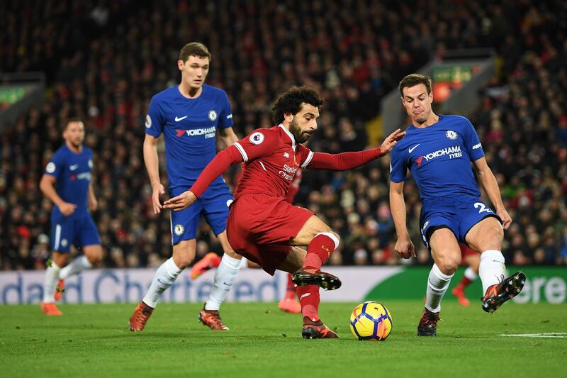 LIVERPOOL, ENGLAND - NOVEMBER 25:  Mohamed Salah of Liverpool and Cesar Azpilicueta of Chelsea in action during the Premier League match between Liverpool and Chelsea at Anfield on November 25, 2017 in Liverpool, England.  (Photo by Shaun Botterill/Getty Images)