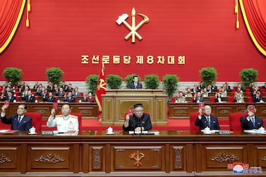 North Korean leader Kim Jong-un attends the first day of the 8th Congress of the Workers’ Party in Pyongyang, North Korea. KCNA via Reuters