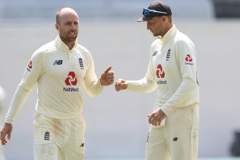 Matthew Jack Leach of England  and Joe Root (captain) of England  during day five of the first test match between India and England held at the Chidambaram Stadium in Chennai, Tamil Nadu, India on the 9th February 2021

Photo by Pankaj Nangia/ Sportzpics for BCCI