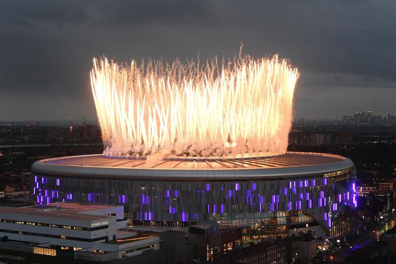 Fireworks explode off the top of the new Tottenham Hotspur Stadium ahead of the Premier League match between Spurs and Crystal Palace. Getty