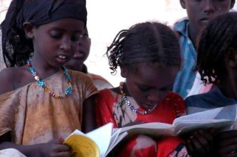 Girls attend class in Aybaito, in Ethiopia’s Afar region. A flea market in Abu Dhabi on Wednesday night, being held as part of the Road To Awareness charity initiative, aims to fund the education of 50,000 youngsters in the country.