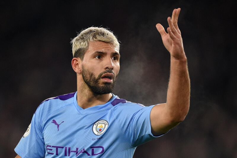 Manchester City's Argentinian striker Sergio Aguero reacts during the English Premier League football match between Sheffield United and Manchester City at Bramall Lane in Sheffield, northern England on January 21, 2020. RESTRICTED TO EDITORIAL USE. No use with unauthorized audio, video, data, fixture lists, club/league logos or 'live' services. Online in-match use limited to 120 images. An additional 40 images may be used in extra time. No video emulation. Social media in-match use limited to 120 images. An additional 40 images may be used in extra time. No use in betting publications, games or single club/league/player publications.
 / AFP / Oli SCARFF                           / RESTRICTED TO EDITORIAL USE. No use with unauthorized audio, video, data, fixture lists, club/league logos or 'live' services. Online in-match use limited to 120 images. An additional 40 images may be used in extra time. No video emulation. Social media in-match use limited to 120 images. An additional 40 images may be used in extra time. No use in betting publications, games or single club/league/player publications.
