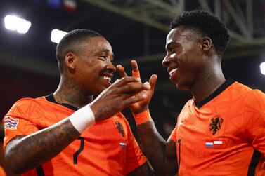 Steven Bergwijn, left, scored his first goal for the Netherlands in their 1-0 win over Poland at the Johan Cruyff Arena in Amsterdam. EPA