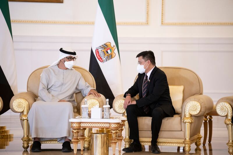 Robert Bourget, the special envoy of the president of the Philippines, right, offers condolences to the President, Sheikh Mohamed.