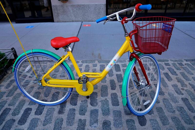 A Google bicycle is parked in front of the new Google store. AFP