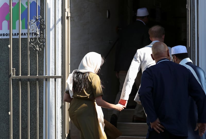 The Duke and Duchess of Sussex, Prince Harry and his wife Meghan, enter the mosque, Reuters