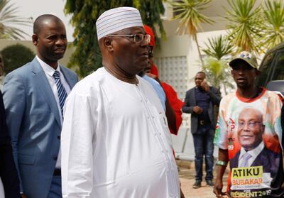 Nigeria's main opposition party presidential candidate Atiku Abubakar is pictured during his address to reporters, after the postponement of the presidential election in Yola, in Adamawa State, Nigeria February 16, 2019. REUTERS/Nyancho NwaNri