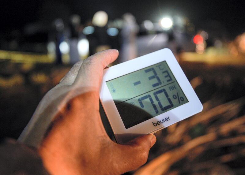 Rukna Region, Al Ain, United Arab Emirates, January 11, 2021. Al Ain residents, drove to the Rukna region to experience the  low temperatures of the area which went down to -4 degrees Celsius  at one point.                     
Victor Besa/The National
Section:  NA
Reporter:  Haneen Dajani