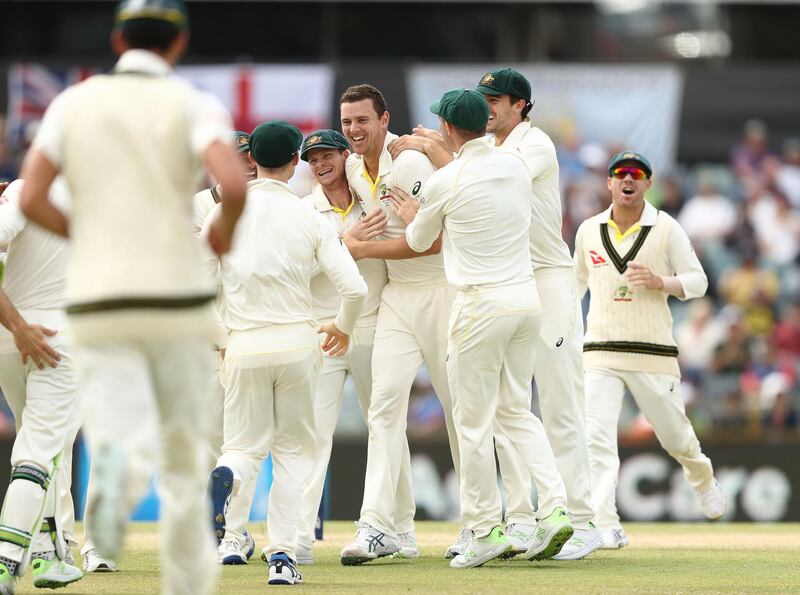 PERTH, AUSTRALIA - DECEMBER 18:  Josh Hazlewood of Australia celebrates after taking the wicket of Dawid Malan of England   during day five of the Third Test match during the 2017/18 Ashes Series between Australia and England at WACA on December 18, 2017 in Perth, Australia.  (Photo by Ryan Pierse/Getty Images)