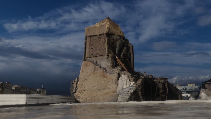 A rendering of the current state of Al Nuri mosque's famous leaning minaret known as Al Hadba or 'the hunchback'