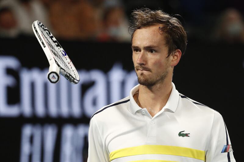 Daniil Medvedev bounces his racquet off the ground. Getty