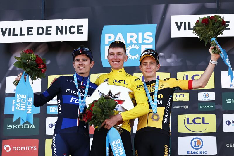 Paris-Nice race winner Tadej Pogacar alongside second-placed David Gaudu, left, and Jonas Vingegaard who was third. AFP