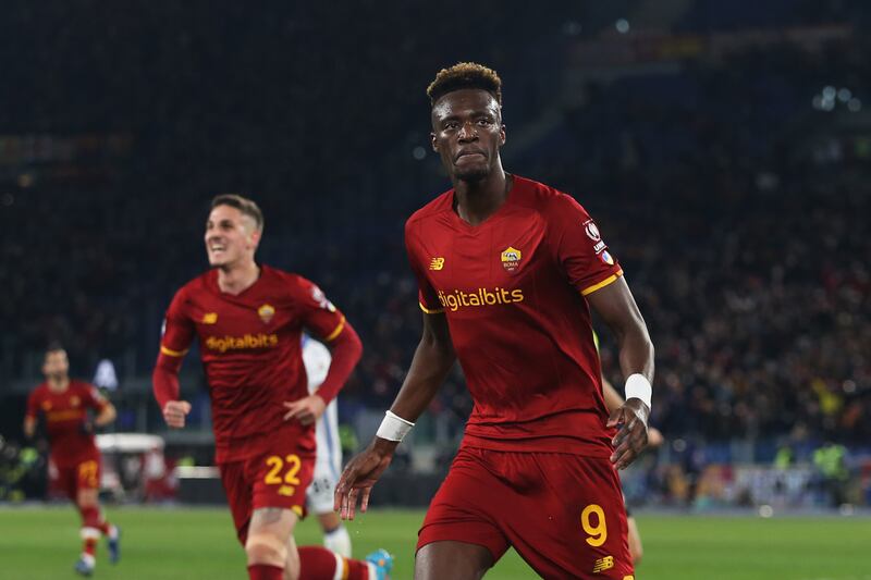 Tammy Abraham celebrates scoring for Roma against Atalanta in the Serie A match at Stadio Olimpico on Saturday, March 5, 2022. Getty