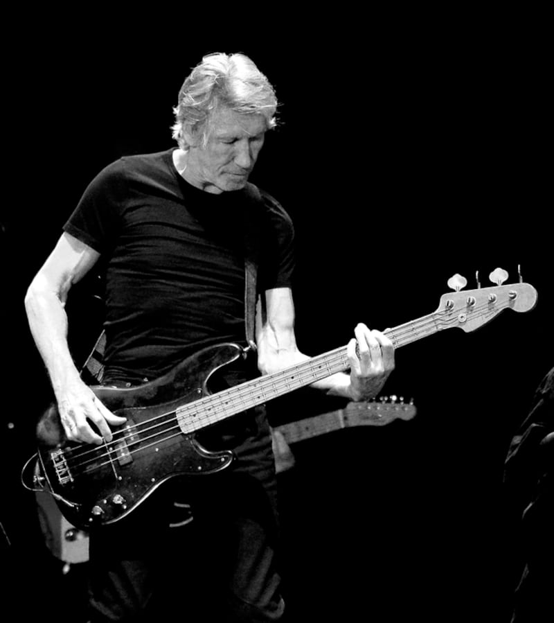 Roger Waters at Desert Trip music festival, the Empire Polo Club, Indio, California, in 2016. Despite his ‘rock veteran’ age of 73, the singer/songwriter/bassist remains in combatant mood against the injustices of the world. Kevin Mazur / Getty Images (converted to monochrome